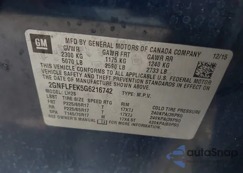 2016 Chevrolet Equinox Lt z USA, uszkodzony, nr VIN 2GNFLFEK5G6216742